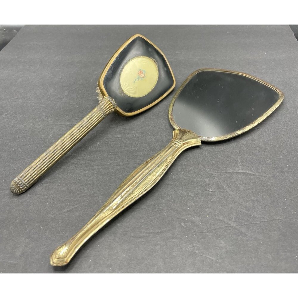 Vintage UNMATCHED  Vanity Dresser  Mirror & Brush Gold Tone Metal Handles